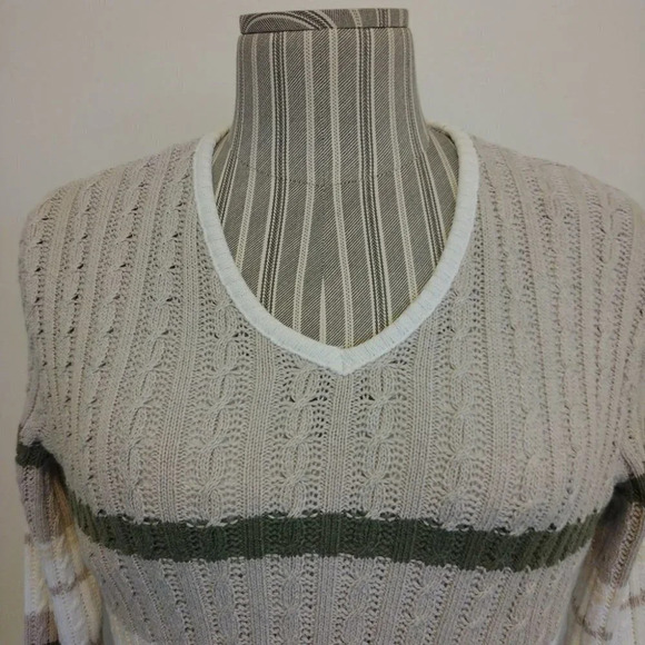 Striped Cable  Knit VNeck Sweater, Earthy Colours L - Picture 2 of 5